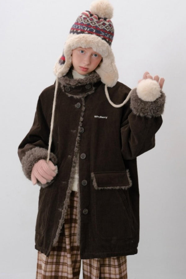 Corduroy Patchwork Fur Collar Jacket