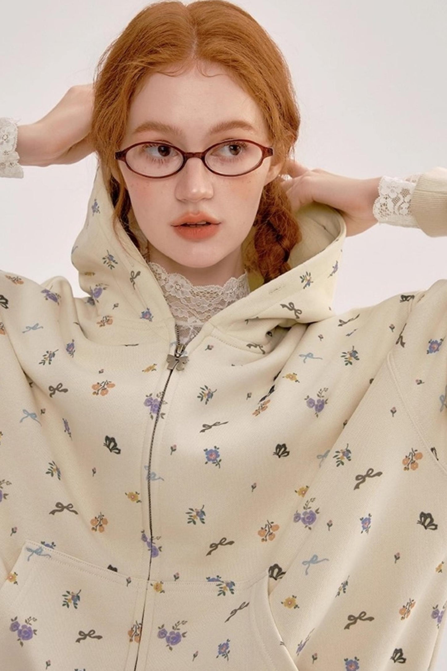 Floral Hooded Sweatshirt Cardigan Set-Up