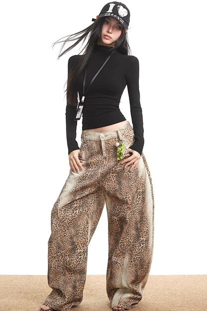 Retro Leopard Print Denim Pants