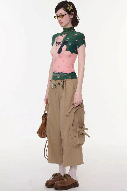 Green Star Cat Print Blouse