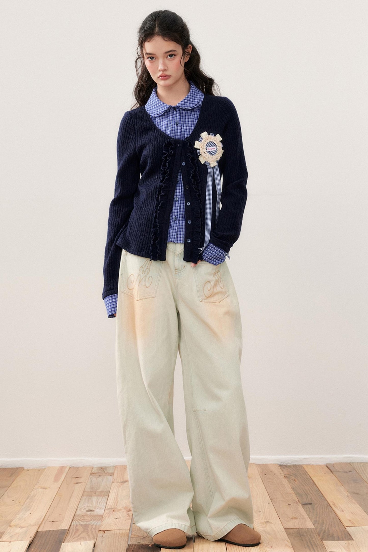 Vintage Washed Distressed Wide-Leg Jeans