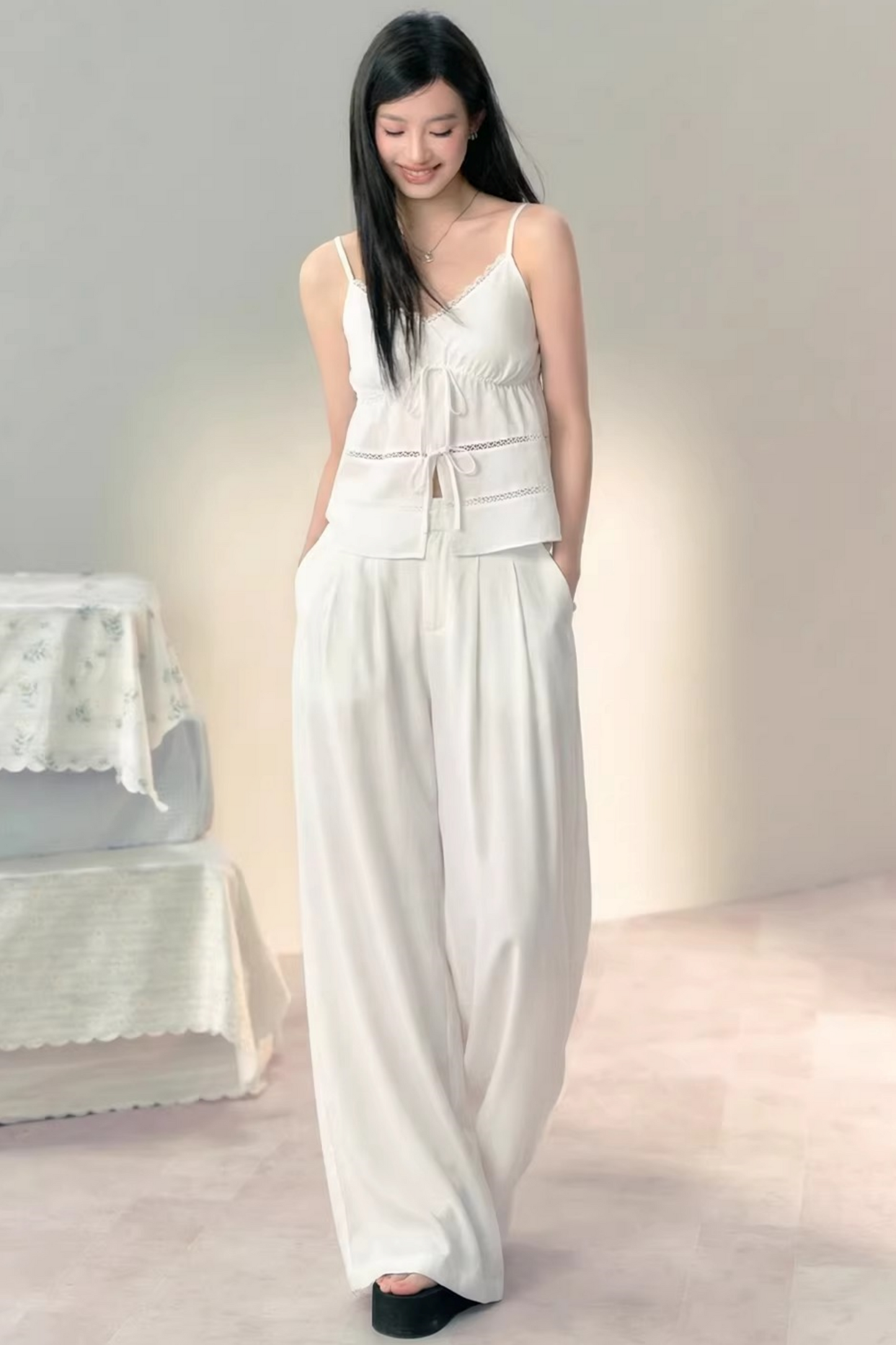 Bamboo Texture Suspender Pants Set-Up