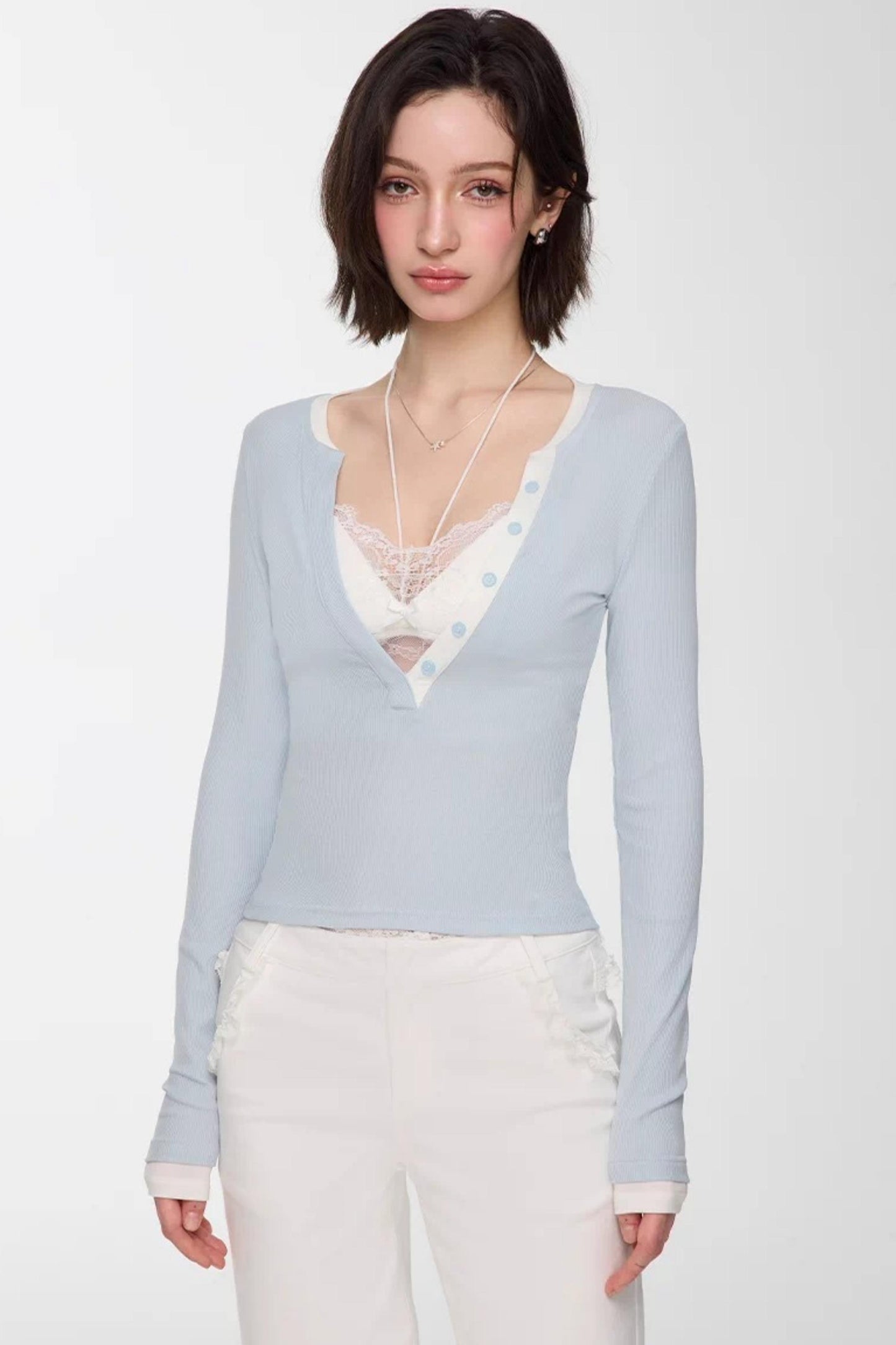 Color-Blocked Deep V-Neck Top Set-Up