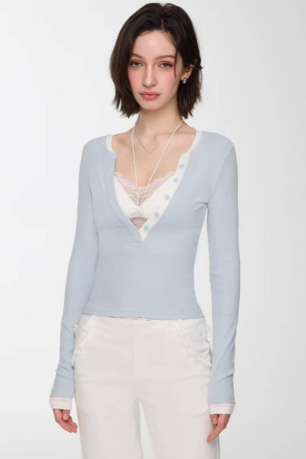 Color-Blocked Deep V-Neck Top Set-Up