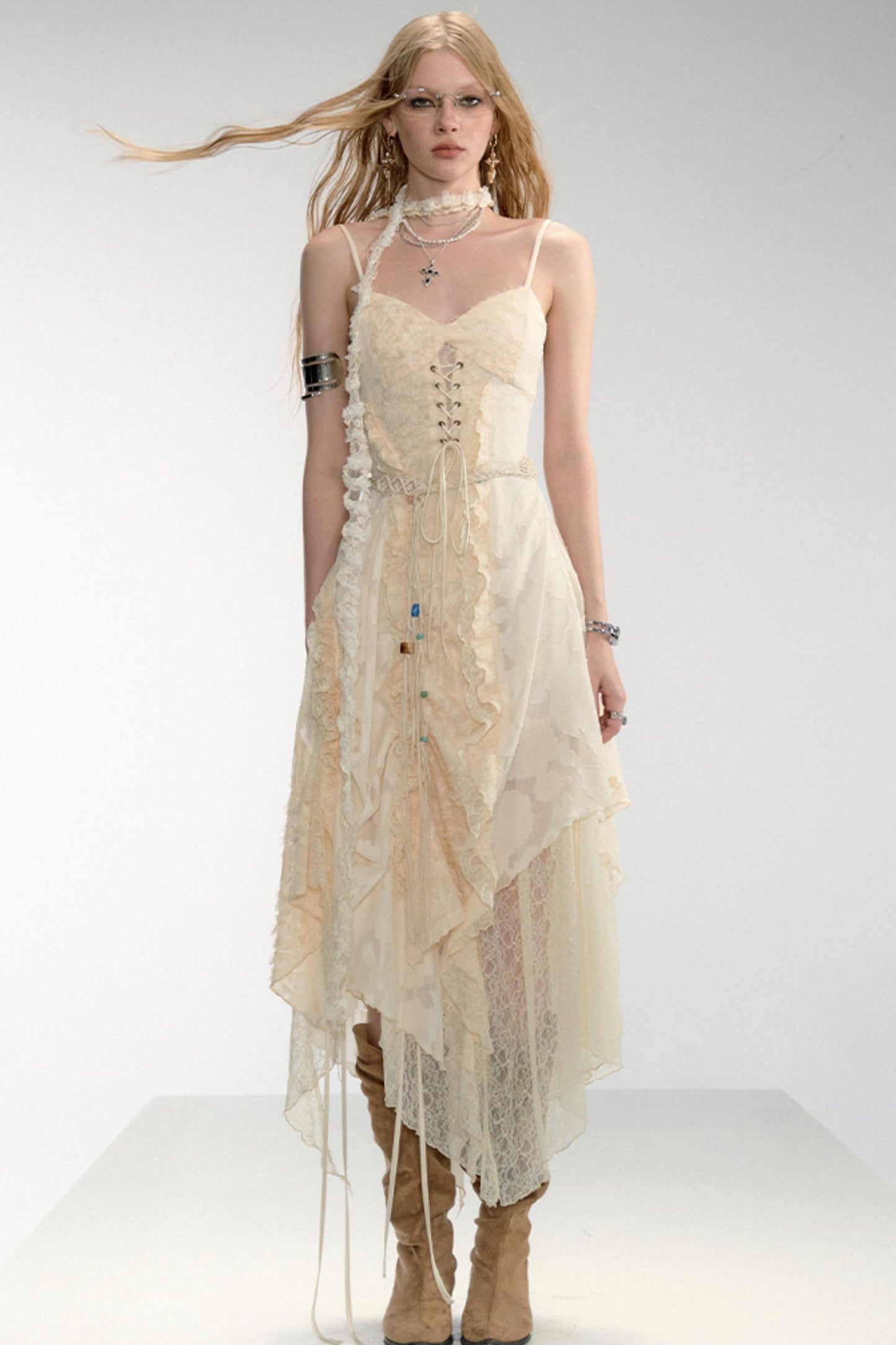 [OfAkiva "Ausgewählte Gedichte von Rambo" Flower Shadow Gap Lace Patchwork Wabi-Sabi Drawstring Dress