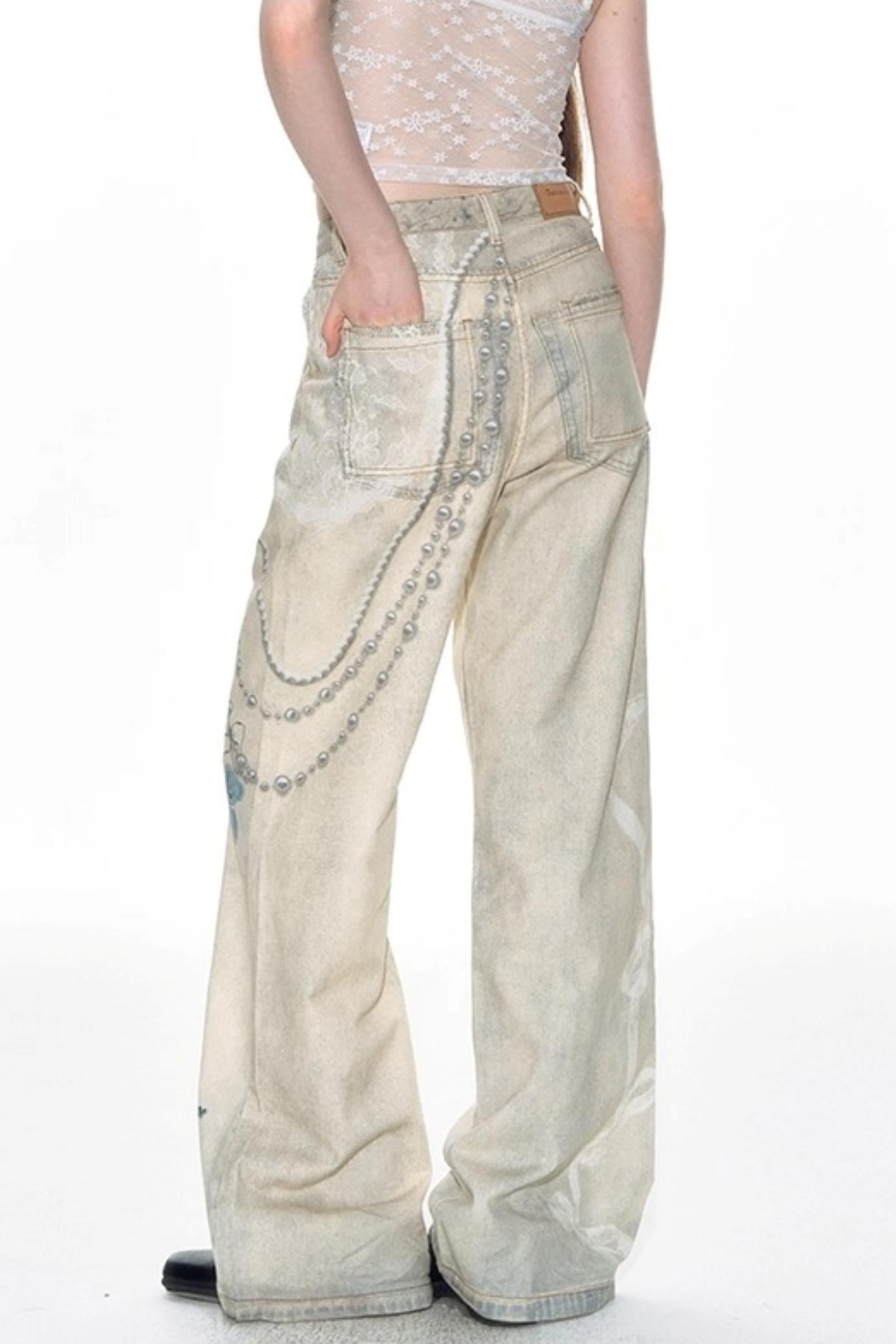 Hand-Painted 3D Printed Womens Wide-Leg Pants