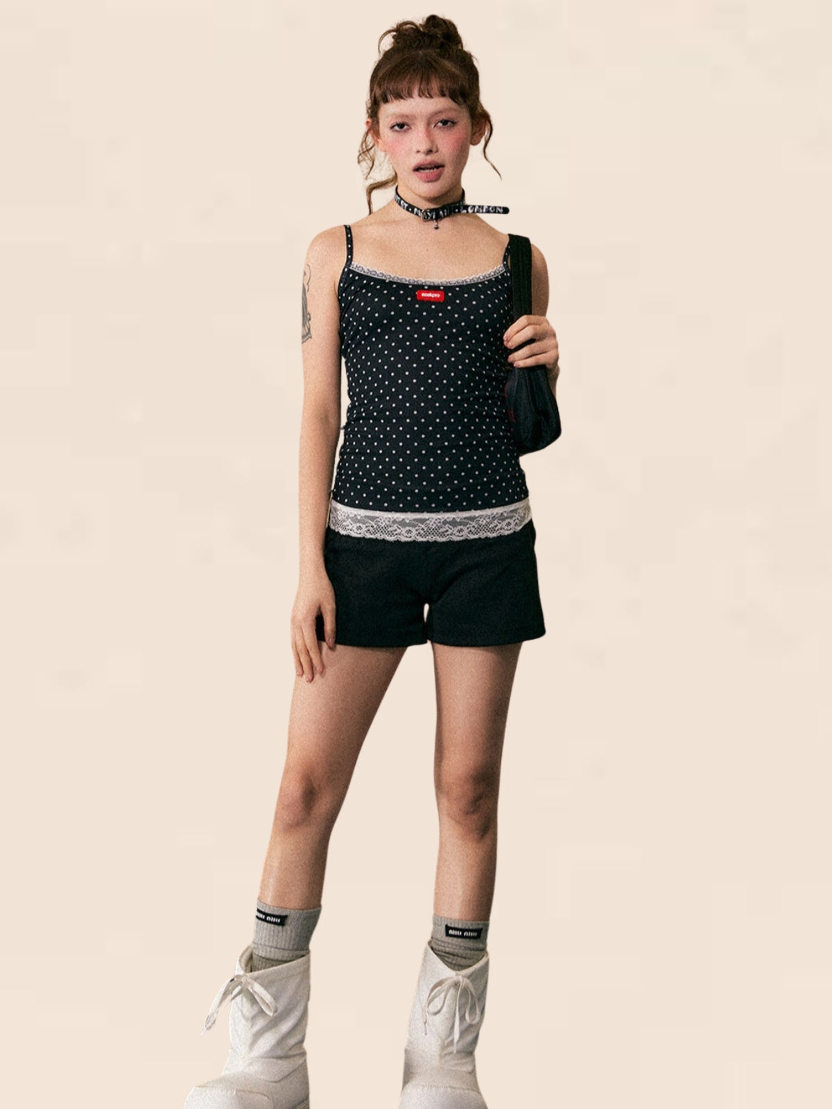 Lace-Stitched Polka Dot Camisole Top