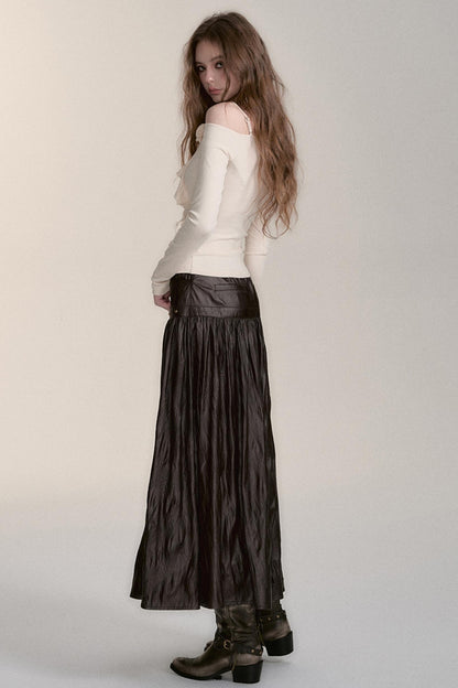 Mid-Length Imitation Leather Pleated Skirt