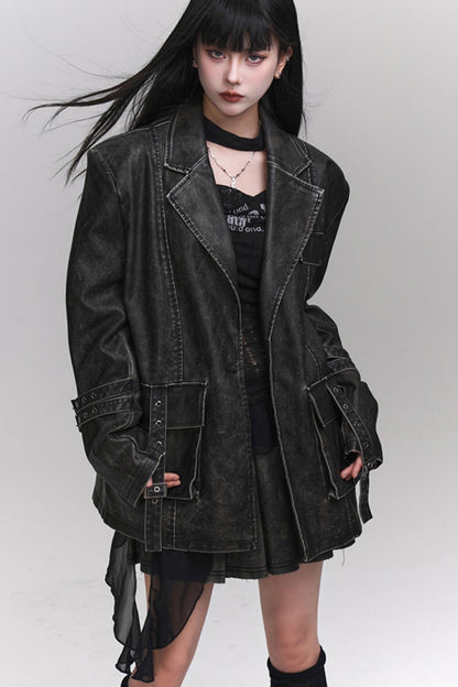 Ghost Girl Autumn and Winter Unique Super Good-looking Old Leather Jacket Women's 2024 New Cool Drag Sister Outfit