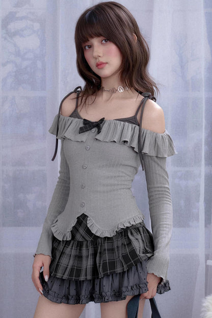 Gray One-Shoulder Long-Sleeved Slim Top