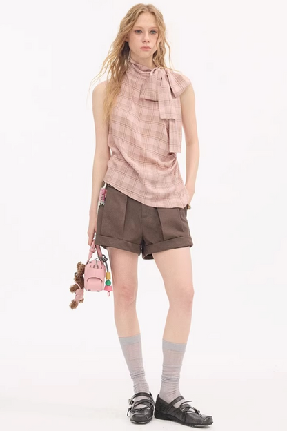 Wool Pleated Khaki Shorts