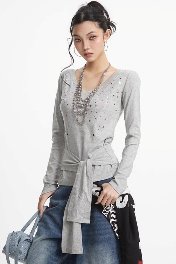 White Hot Girl V-Neck Long Sleeve T-Shirt