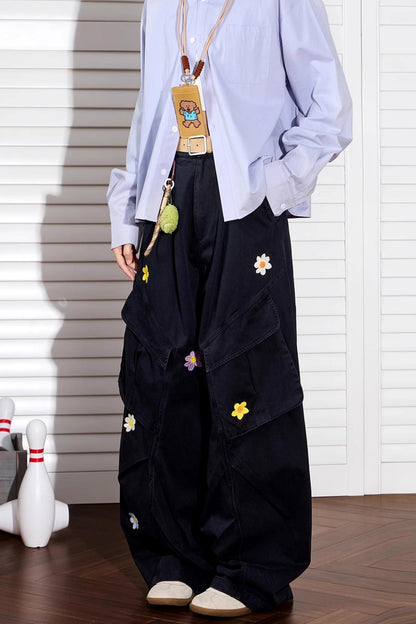 Floral Embroidered Wide-Leg Pants