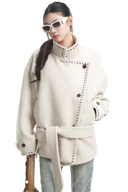 Off-White Woolen Stand-Up Collar Coat