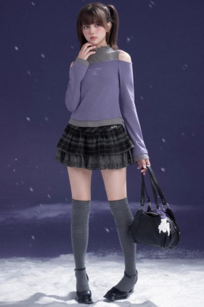 Gray-Purple Bowknot Off-Shoulder Top