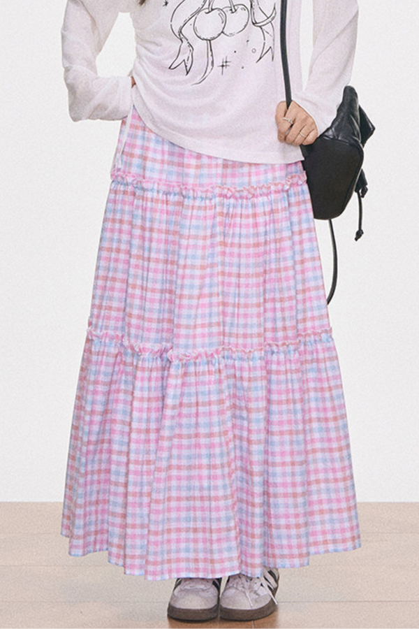 Printed Sheer Blouse and Plaid Skirt Set-Up