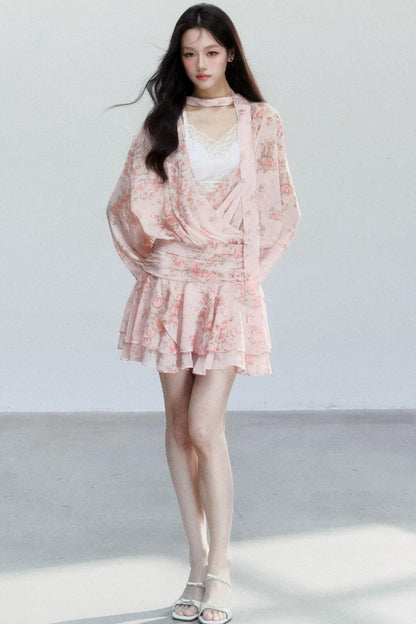 Pink Mist Chiffon Floral Dress Set-Up