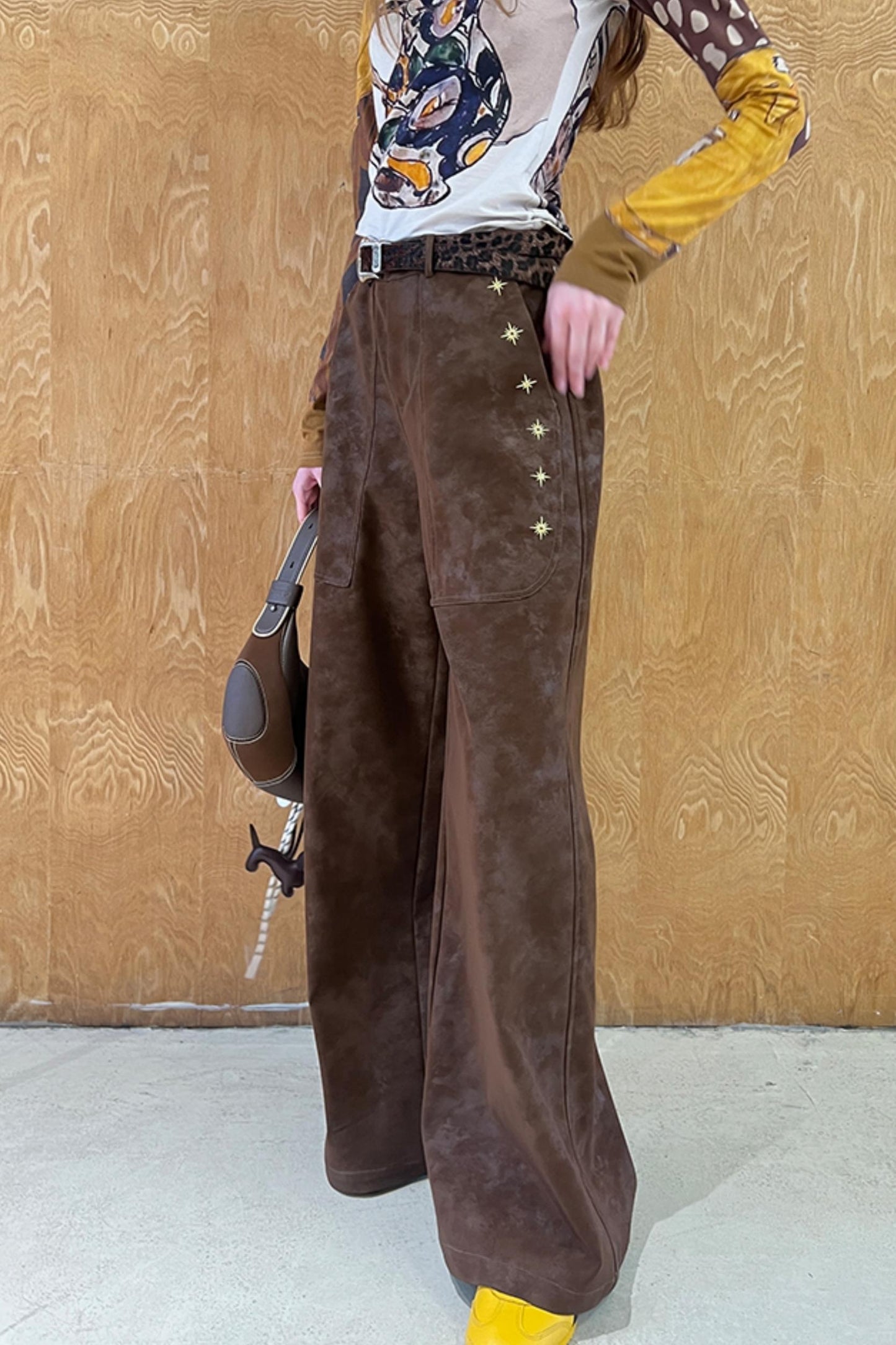 Vintage Embroidered Leather Strait-Leg Pants