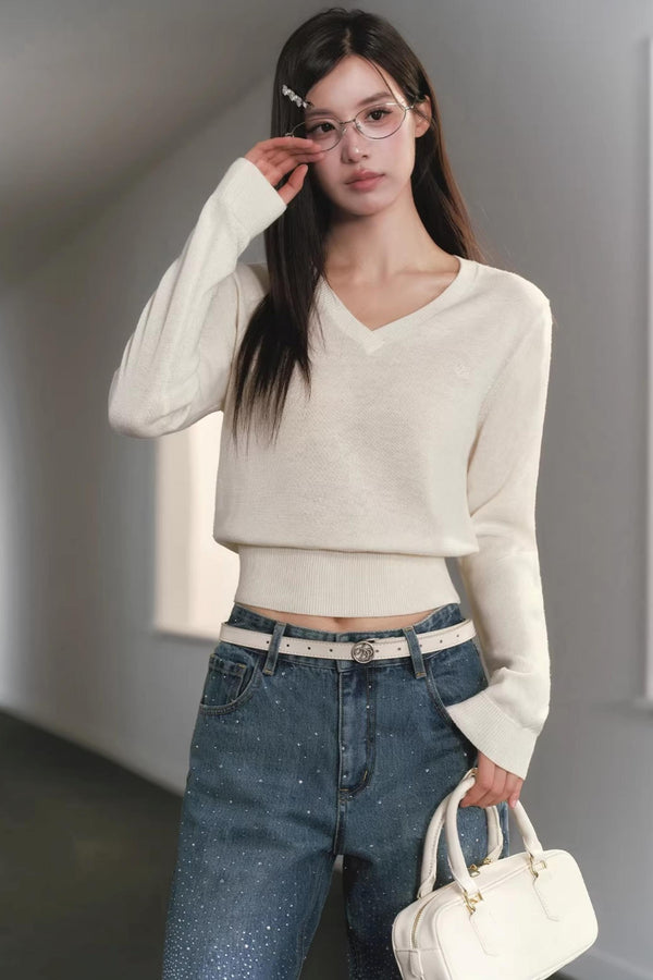V-Neck Waist-Cinching Knit Sweater