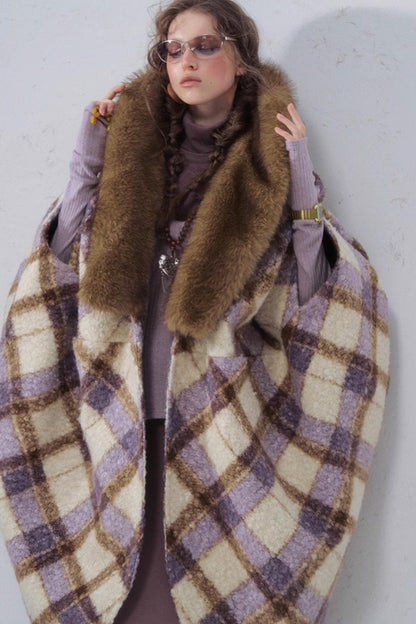 Plaid Fur Collar Woolen Coat