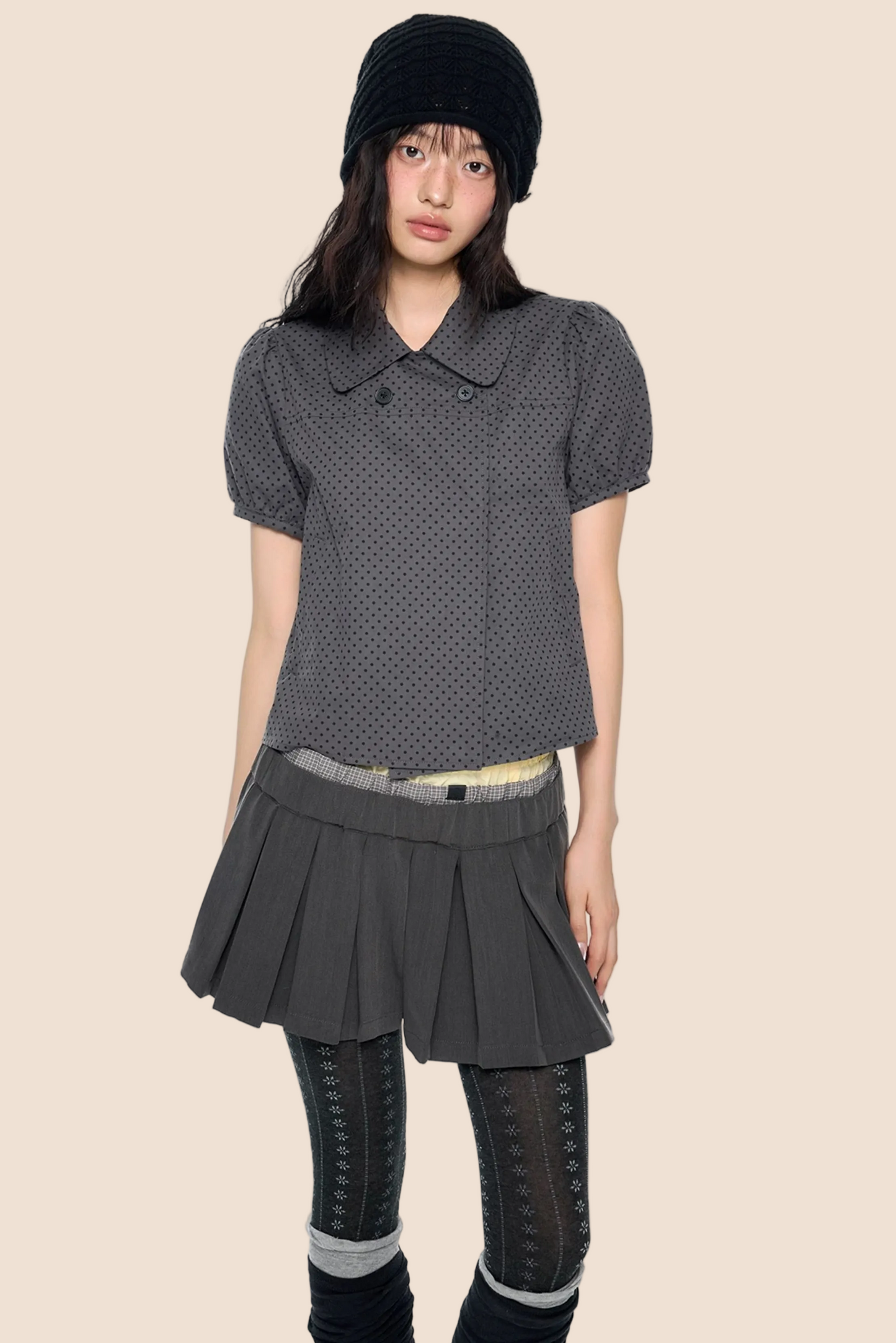 Polka Dot Plaid Puff Blouse