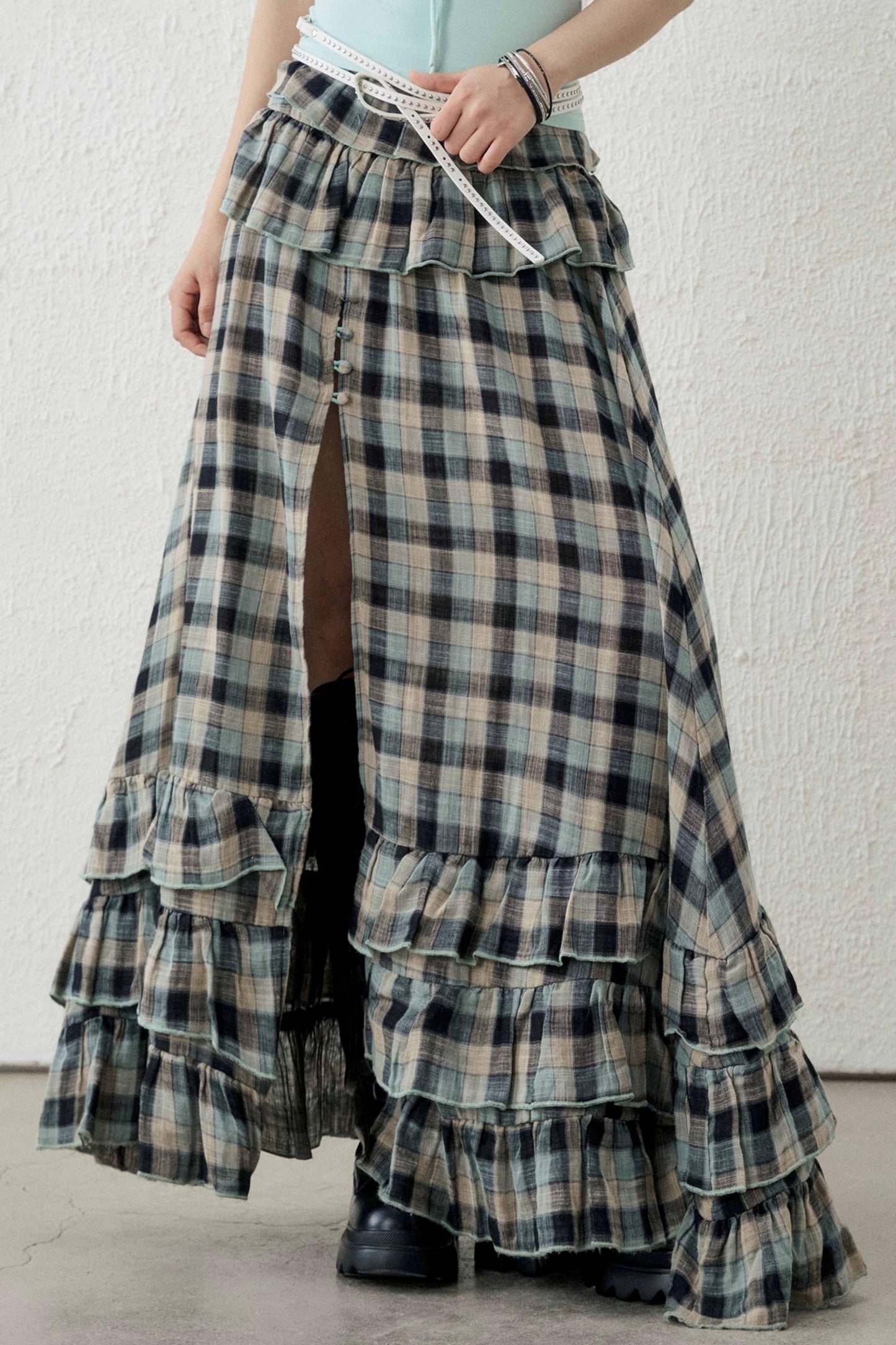 Gray-Green Plaid Ruffled Skirt