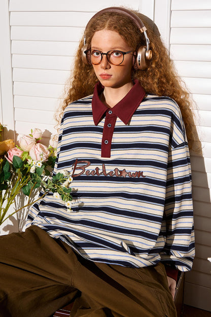 Loose Fit Striped Polo Neck Top