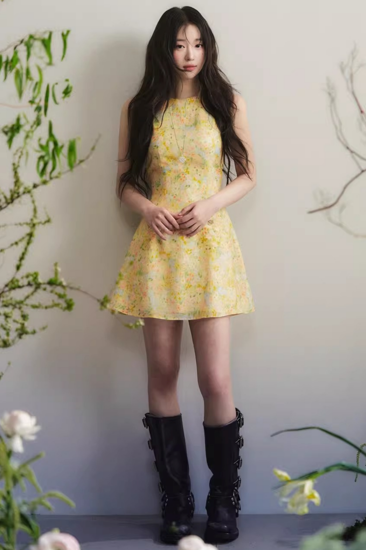 Bright Yellow Floral Linen Dress
