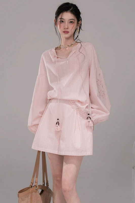 Peach Pink Striped Blouse Set-Up