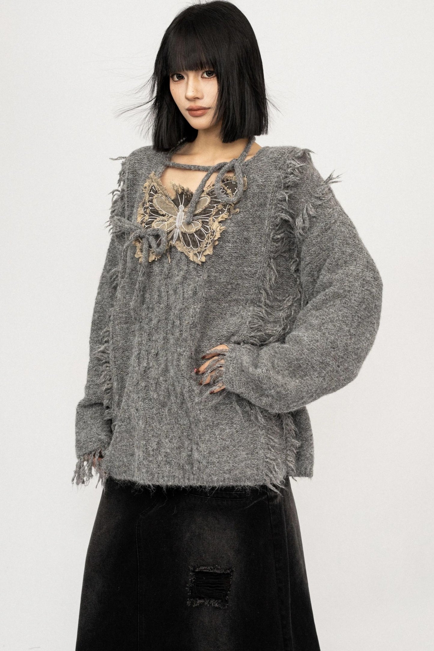 Fringe Lace-Up Butterfly Sweater