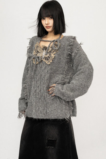 Fringe Lace-Up Butterfly Sweater