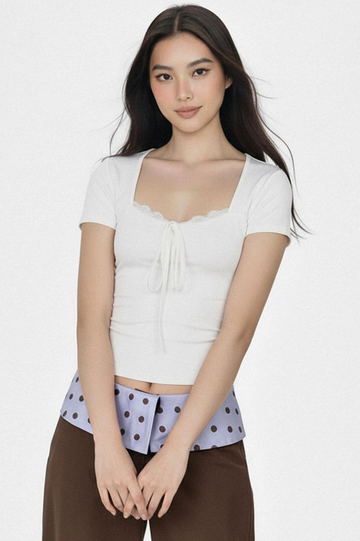 솔리드 레이스 트리밍 크롭 탑