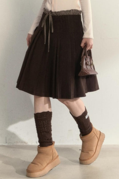 Retro Brown Corduroy Pleated Skirt
