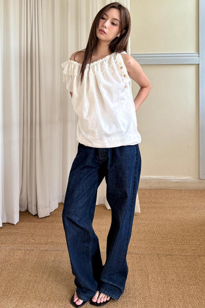 Beaded One-Shoulder Linen Top