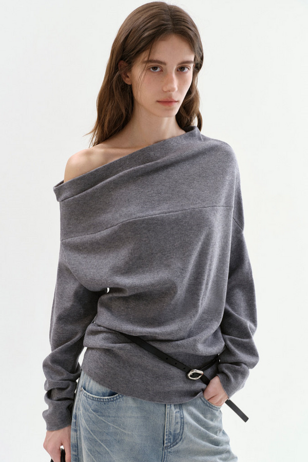 Pleated Off-Shoulder Knit Sweater