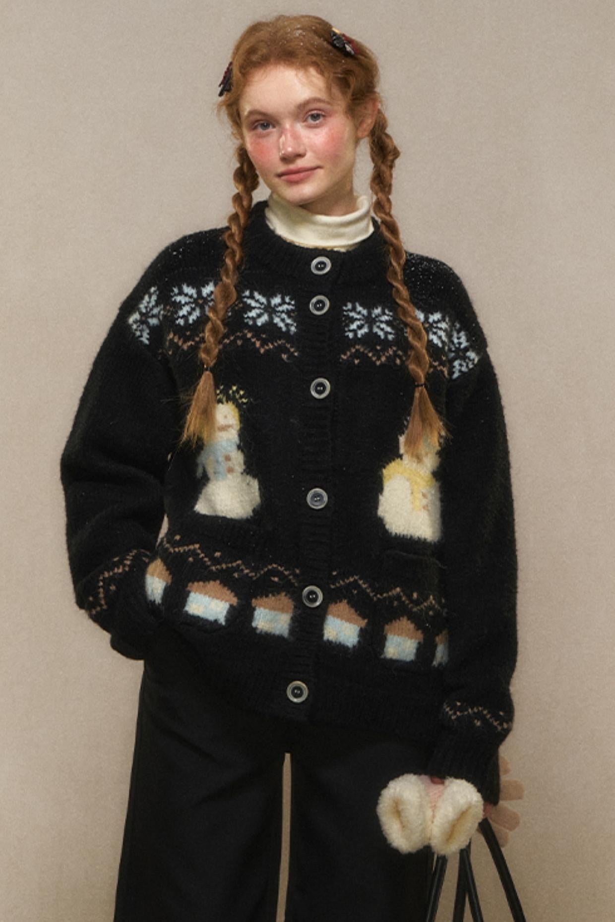 Vintage Snowman Jacquard Knit Cardigan