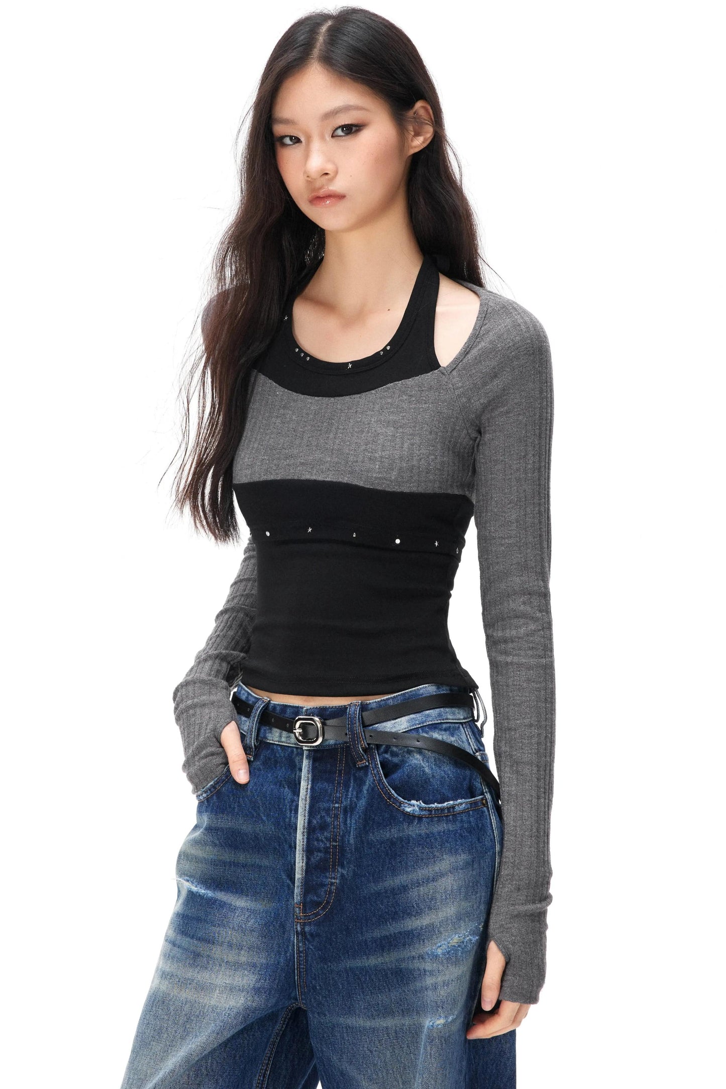 Rhinestone Patchwork Knit Top