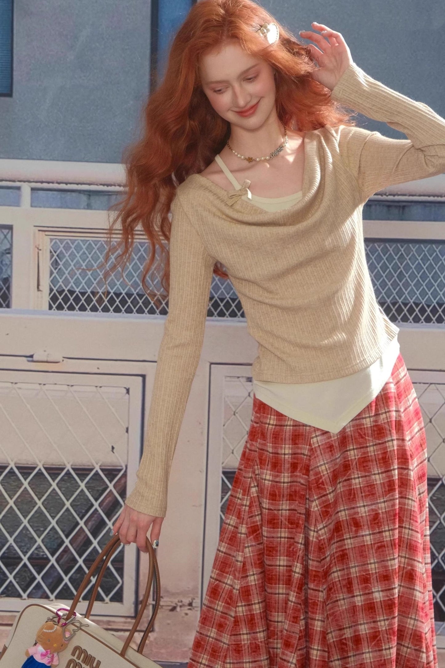 Swing Collar Fake Two Pieces Slim Top