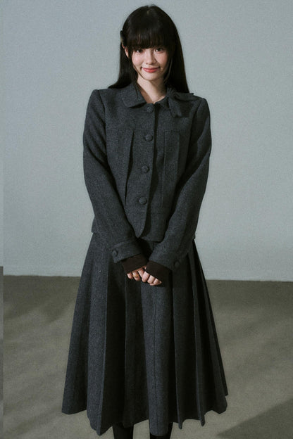 Wool Bow Tie Blazer Suit & Skirt Set-Up