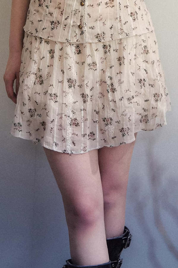 Beige Floral Chiffon Two-Piece Set-Up
