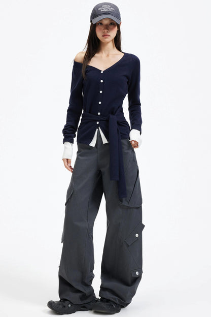 Color-Blocking Knit Off-Shoulder Sweater