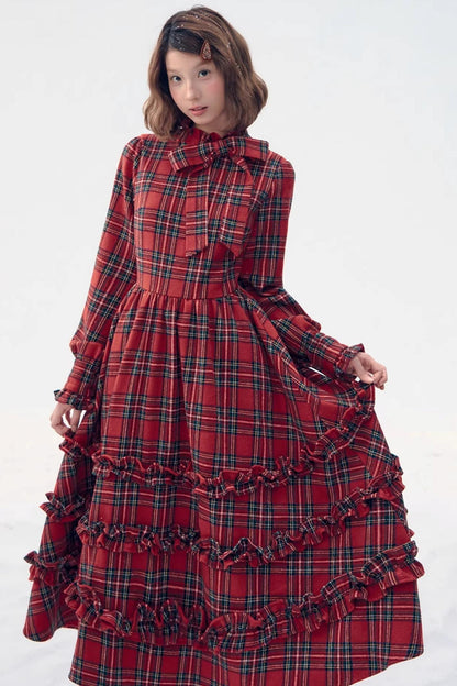 Retro Red Plaid Ruffle Dress