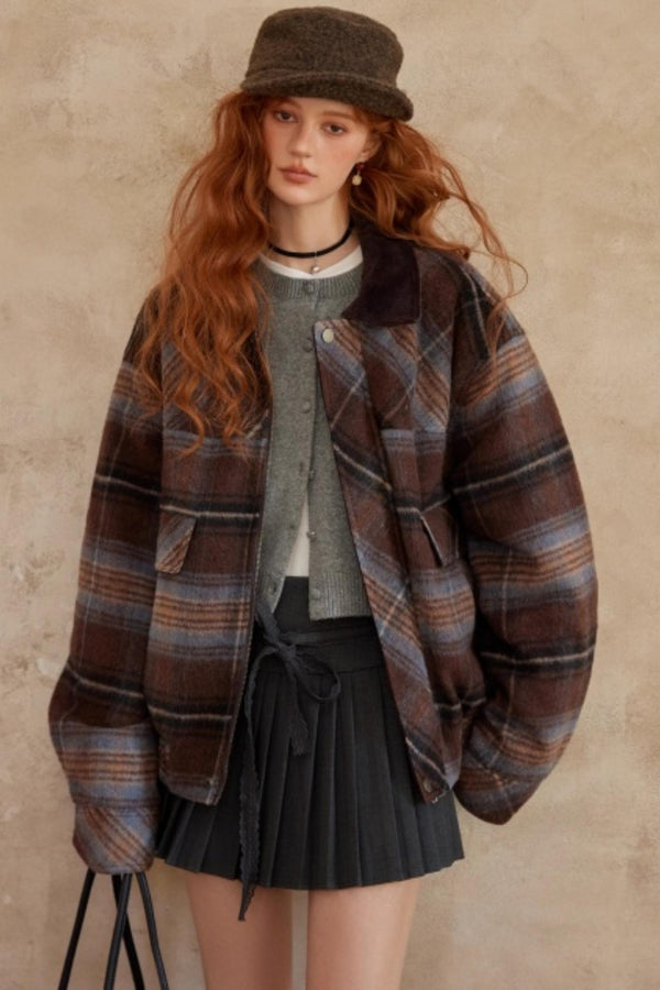 Retro Plaid Lapel Woolen Jacket