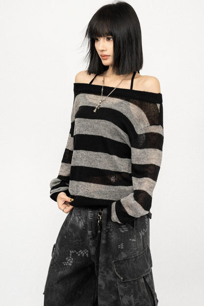 Retro Striped Off-Shoulder T-Shirt