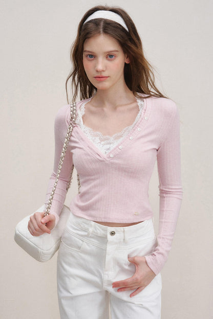 Lace V-Neck Knit Sweater Set-Up