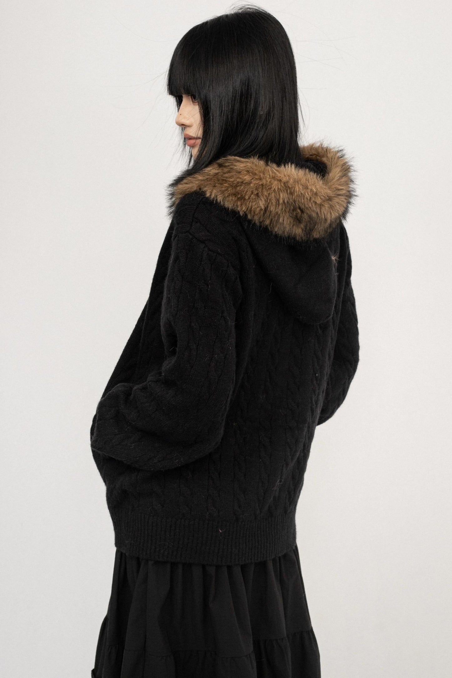 American Vintage Knitted Hooded Black Sweater Jacket