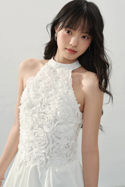 White Halter Floral Dress