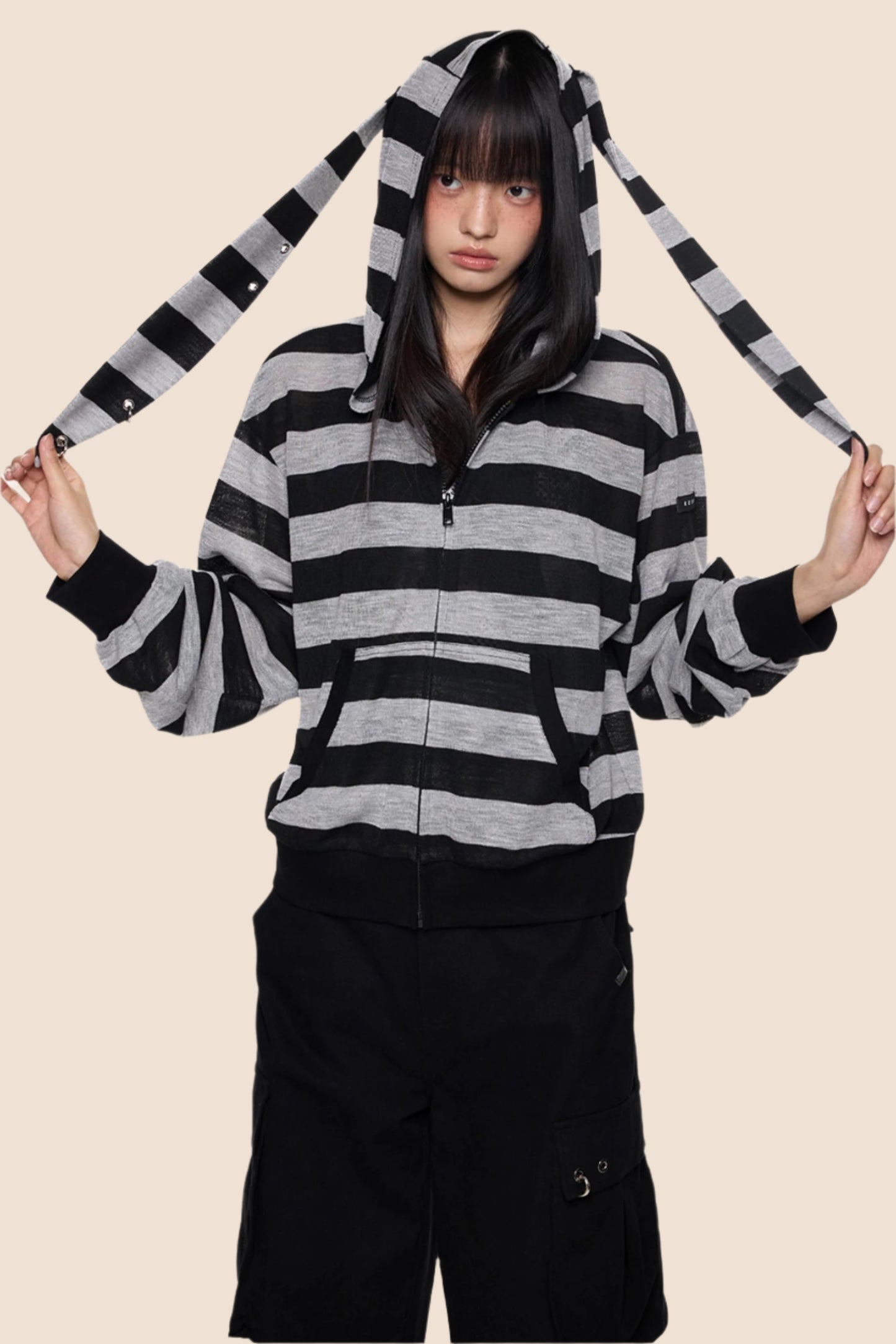 Rabbit Ears Stripe Hooded Long Sleeve Cardigan