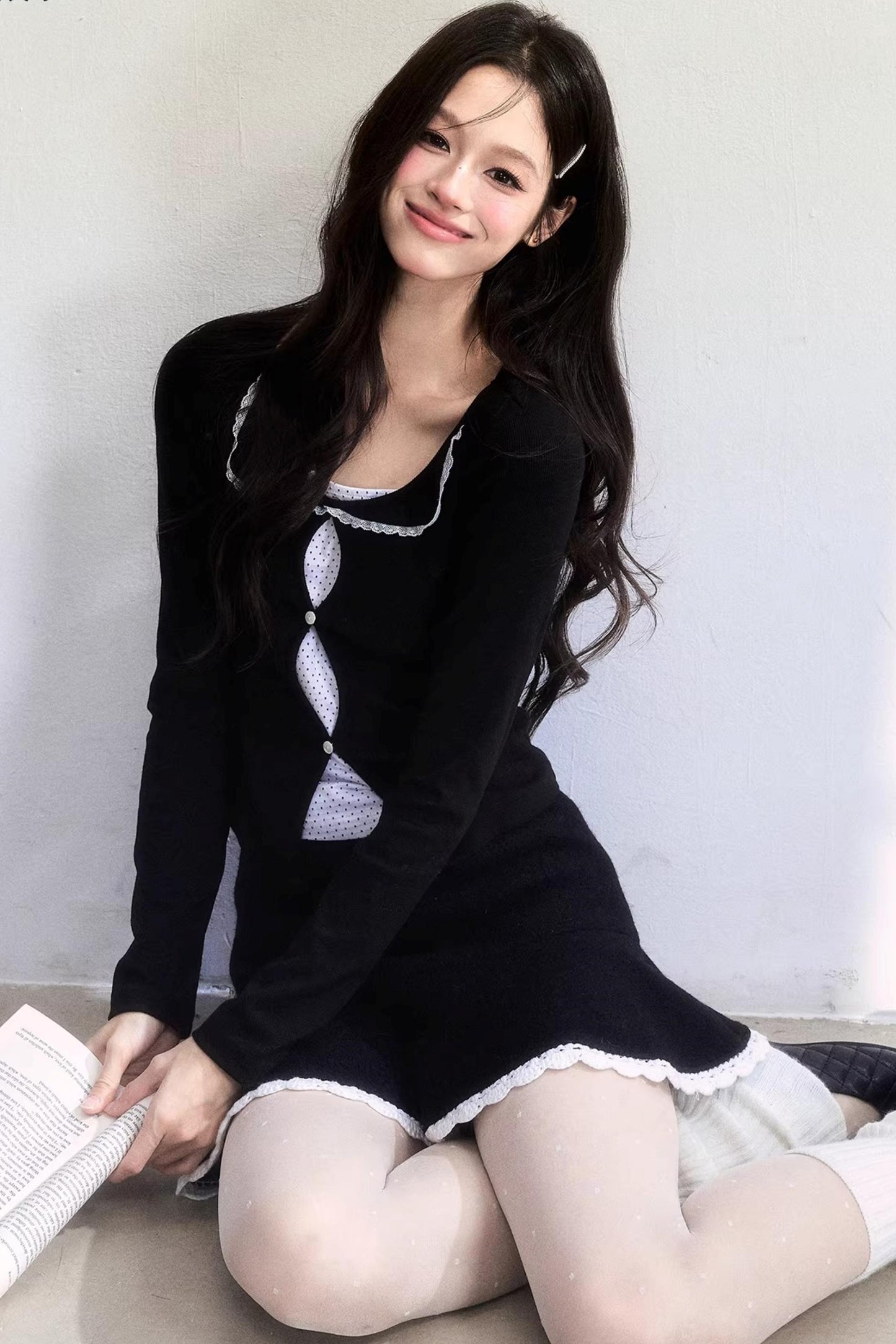 Polka Dot Hollow-Out Knit Sweater Set-Up