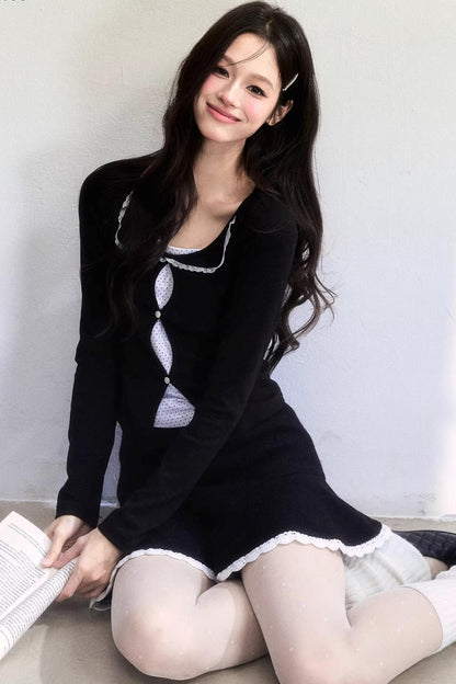 Polka Dot Hollow-Out Knit Sweater Set-Up